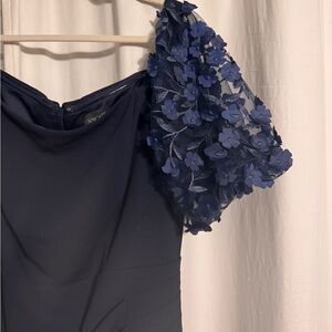 Xscape off the Shoulder Navy Dress with Floral Appliqué